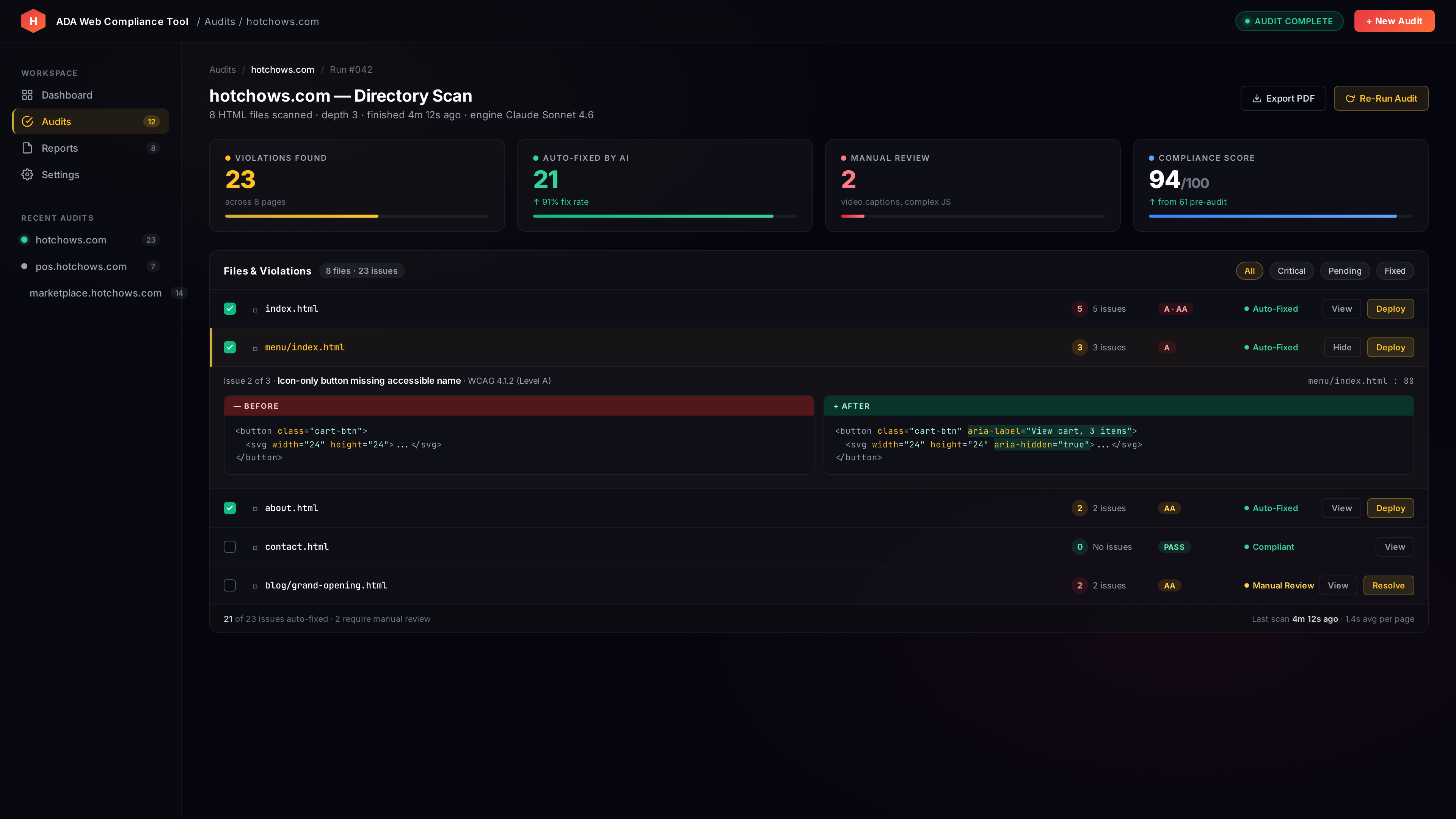 ADA Web Compliance Tool dashboard showing an audit checklist, AI-generated fixes, and a side-by-side diff viewer.