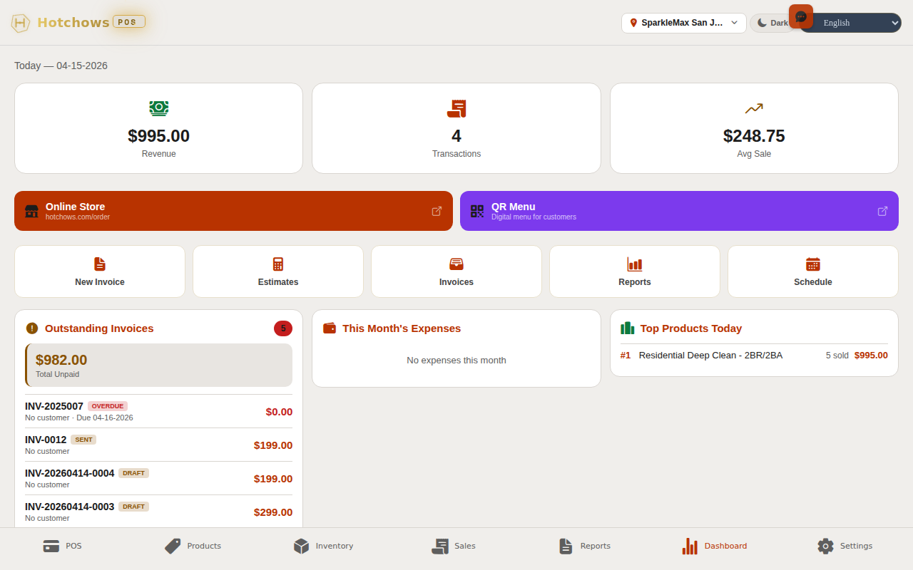 Hotchows POS Dashboard — revenue, transactions, outstanding invoices, quick actions, and top products